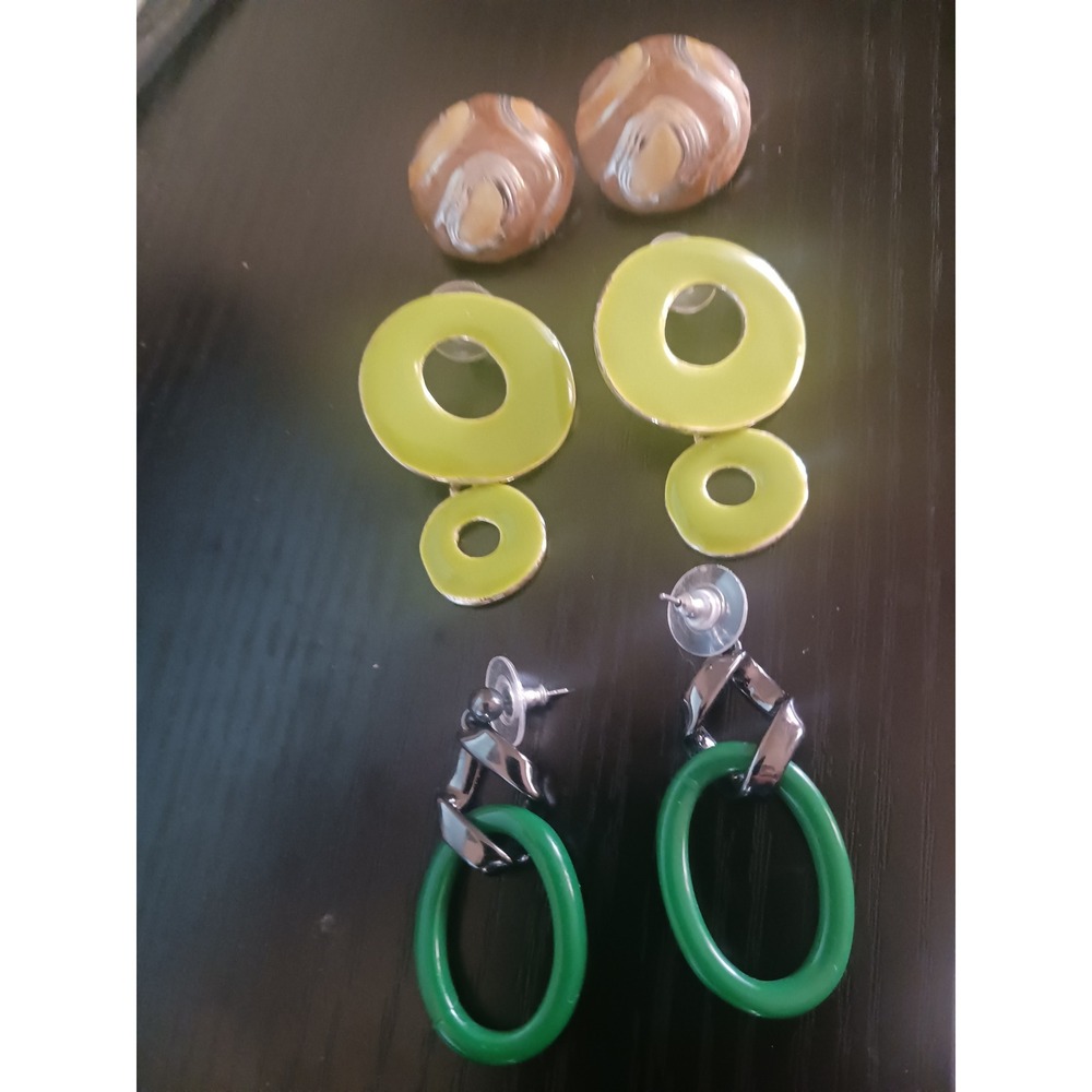 Vintage Style Statement Earring Bundle 3 Pairs Green Brown Geometric Drops Studs